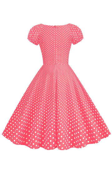 Pink Red Polka Dots Puff Sleeves 1950s Dress